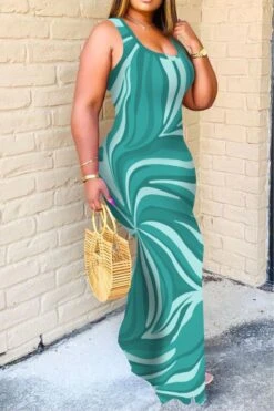 Graphic Print Retro U Collar Maxi Dress -Clothing Outlet Store C23032980 BL 2