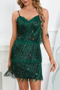 Solid Color Striking Tassel Mini Dress -Clothing Outlet Store C23032987 GR 1