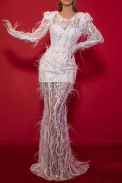 Sequined Glamorous Fluffy See-Through Fishtail Maxi Dress