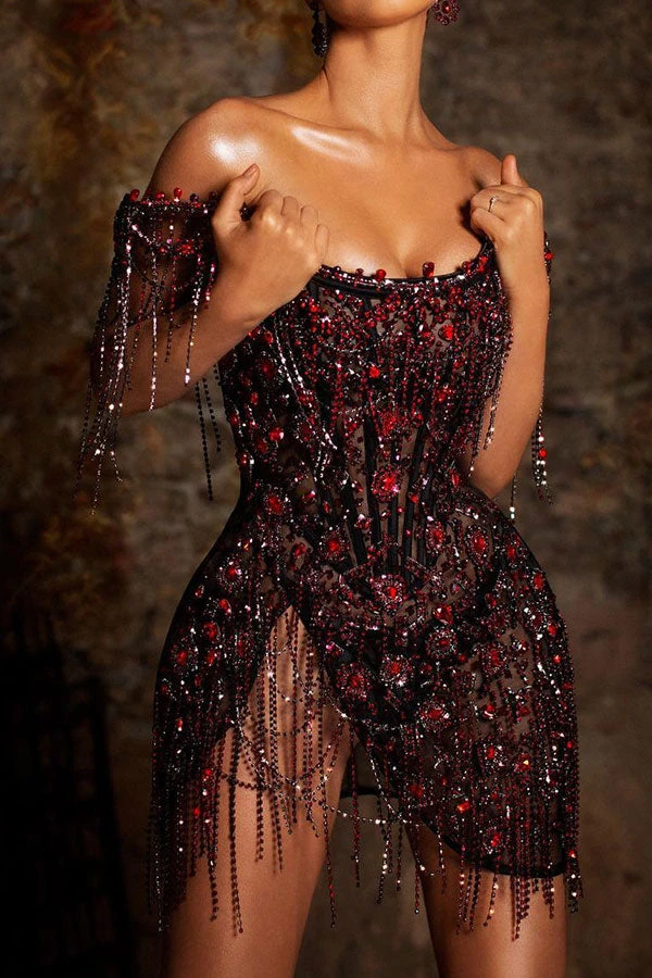 Rhinestone Romantic See-Through Tassel Mini Dress 1 Rhinestone Romantic See-Through Tassel Mini Dress