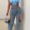 Solid Color Unique Cutout Tassel Jeans
