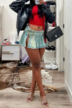 Buckled Design Urban Pleated Denim Skirt -Clothing Outlet Store C23040407 BL 3