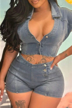Solid Color Chic Cutout Waist Denim Romper -Clothing Outlet Store C23040412 AS 1