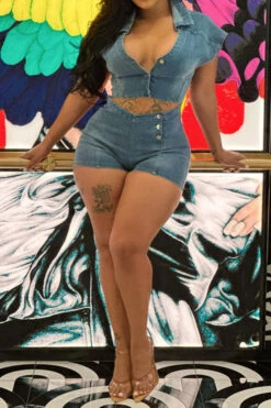 Solid Color Chic Cutout Waist Denim Romper -Clothing Outlet Store C23040412 AS 2