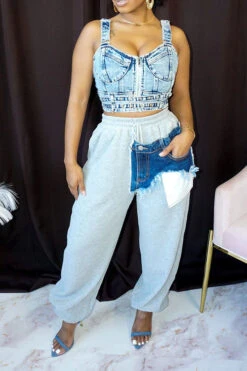 Denim Pocket Patchwork Stylish Drawstring Pants -Clothing Outlet Store C23040422 AS 1