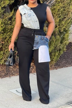 Denim Pocket Patchwork Stylish Drawstring Pants -Clothing Outlet Store C23040422 BK 3