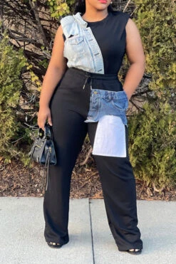 Denim Pocket Patchwork Stylish Drawstring Pants -Clothing Outlet Store C23040422 BK 4