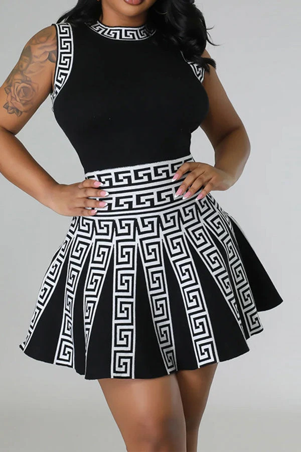 Geometric Print Patchwork Classic Pleated Mini Dress 1 Geometric Print Patchwork Classic Pleated Mini Dress