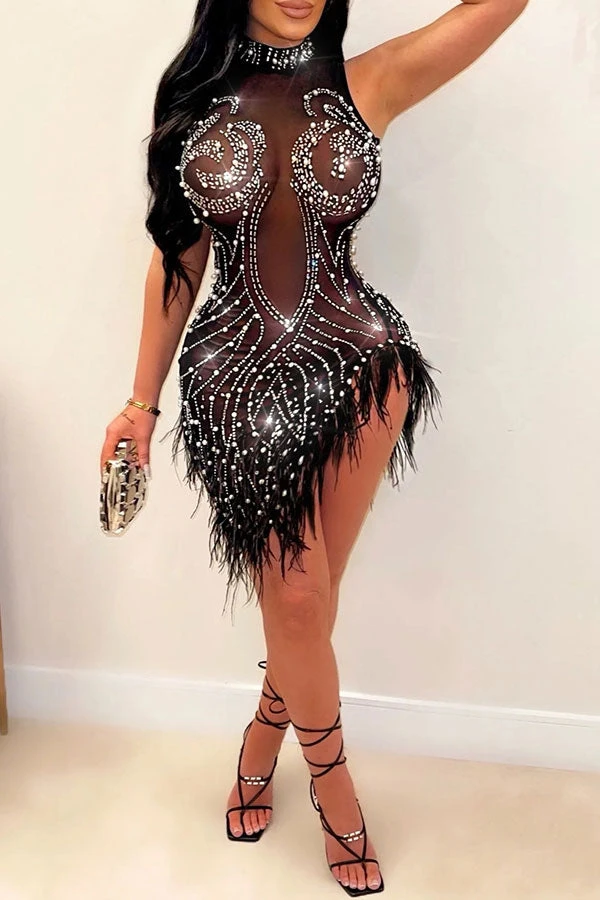 Rhinestone Party See-Through Irregular Feather Hem Mini Dress 1 Rhinestone Party See-Through Irregular Feather Hem Mini Dress