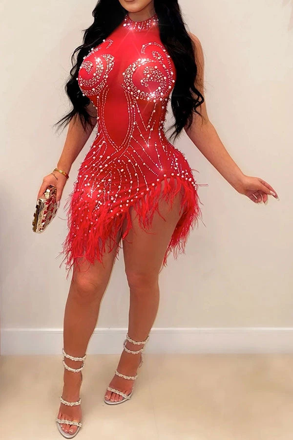 Rhinestone Party See-Through Irregular Feather Hem Mini Dress 6 Rhinestone Party See-Through Irregular Feather Hem Mini Dress - Image 6