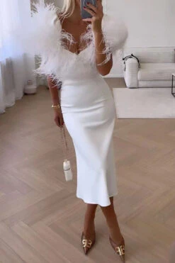 Solid Color Romantic Feather Design Midi Dress