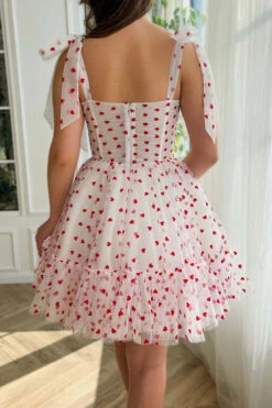 Heart Print Lace-Up Sweet Bubble Mini Dress -Clothing Outlet Store C23040464 WH 5