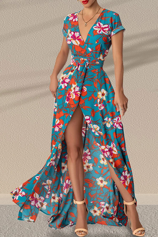 Floral Print Elegant Belted High Split Maxi Dress 1 Floral Print Elegant Belted High Split Maxi Dress