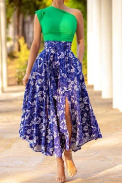 Floral Print One Shoulder Retro High Split Midi Dress