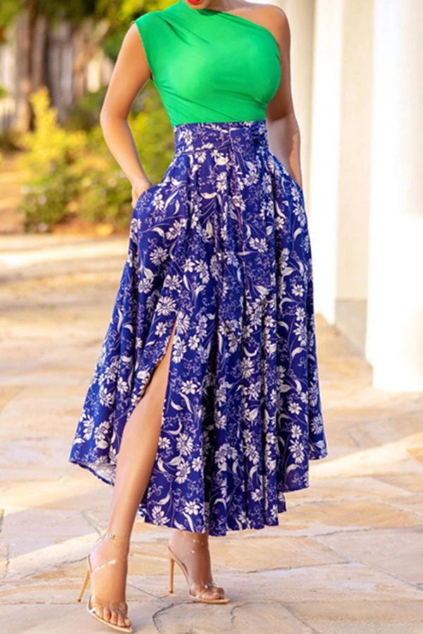 Floral Print One Shoulder Retro High Split Midi Dress 2 Floral Print One Shoulder Retro High Split Midi Dress - Image 2