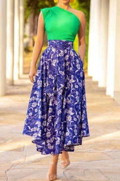 Floral Print One Shoulder Retro High Split Midi Dress 5 Floral Print One Shoulder Retro High Split Midi Dress -Clothing Outlet Store C23040475 RT 3