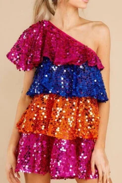 Color Block Sequined Sparkly Tiered Ruffle Midi Dress -Clothing Outlet Store C23040476 RT 5