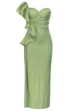 Solid Color Ruffle Glamorous High Split Midi Dress -Clothing Outlet Store C23040480 GR 6
