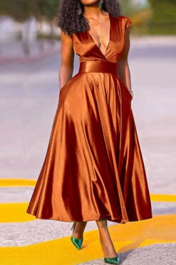 Solid Color Deep V Neck Bright Pleated Midi Dress -Clothing Outlet Store C23040481 BR 1