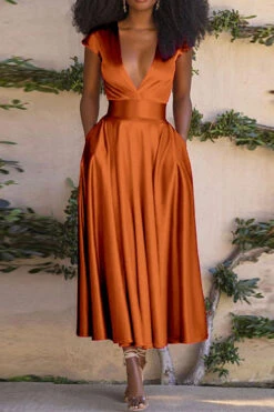 Solid Color Deep V Neck Bright Pleated Midi Dress -Clothing Outlet Store C23040481 BR 3