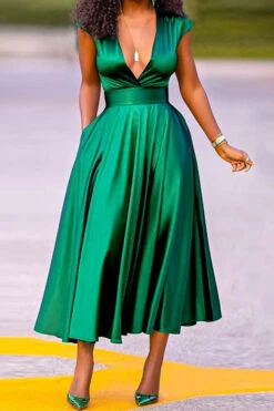 Solid Color Deep V Neck Bright Pleated Midi Dress -Clothing Outlet Store C23040481 GR 3