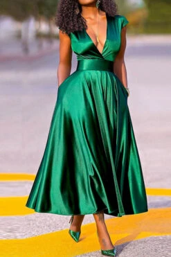 Solid Color Deep V Neck Bright Pleated Midi Dress -Clothing Outlet Store C23040481 GR 4