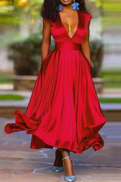 Solid Color Deep V Neck Bright Pleated Midi Dress -Clothing Outlet Store C23040481 RE 1