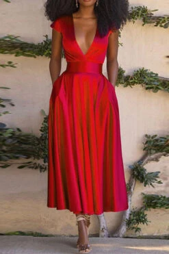 Solid Color Deep V Neck Bright Pleated Midi Dress -Clothing Outlet Store C23040481 RE 2