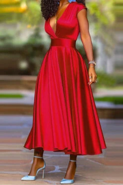 Solid Color Deep V Neck Bright Pleated Midi Dress -Clothing Outlet Store C23040481 RE 3