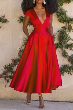 Solid Color Deep V Neck Bright Pleated Midi Dress -Clothing Outlet Store C23040481 RE 4