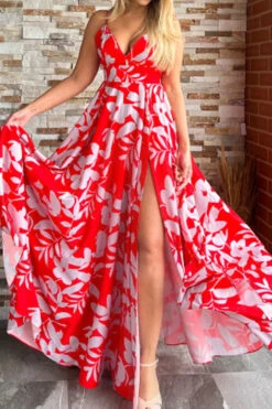 Floral Print Sweet V Neck High Split Maxi Dress