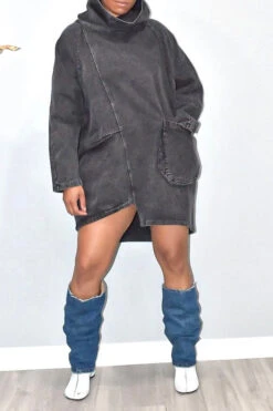 Solid Color Whimsical Irregular Denim Mini Dress -Clothing Outlet Store C23041139 BK 3