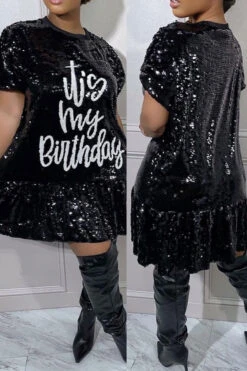 Letter Pattern Sequined Cute Pleated Mini Dress -Clothing Outlet Store C23041152 BK 3