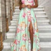 Floral Print Ruffle Strap Rocking High Split Maxi Dress