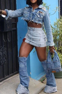 Solid Color Unique Zipper Denim Skirt -Clothing Outlet Store C23041903 BL 3