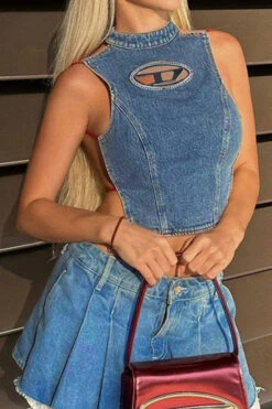 Metal Decor Smart Strappy Open Back Denim Camisole -Clothing Outlet Store C23041905 BL 3