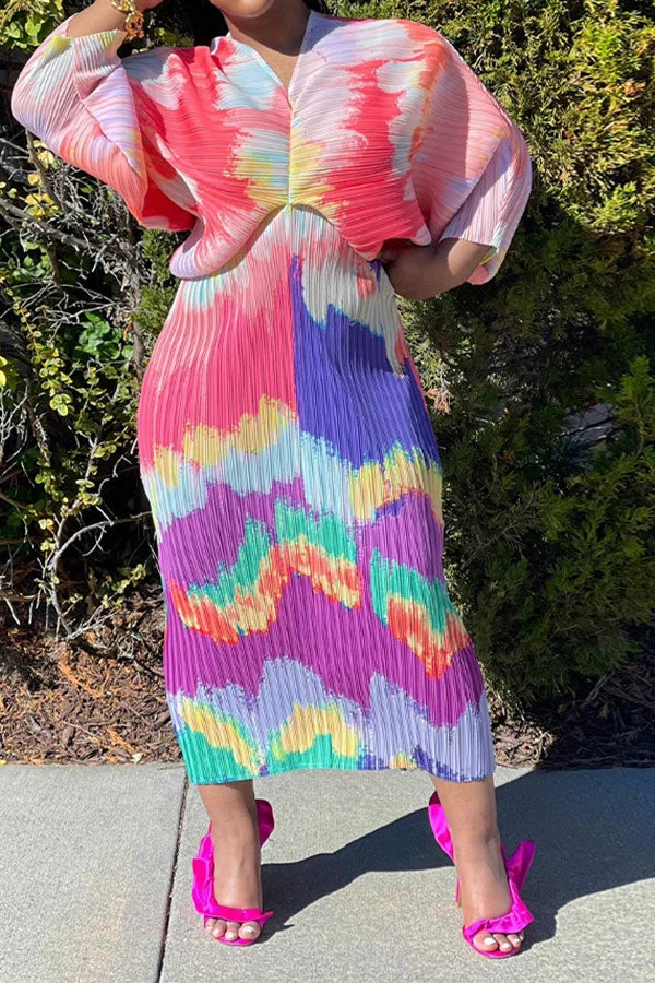 Tie Dye Colorful Batwing Sleeve Midi Dress 1 Tie Dye Colorful Batwing Sleeve Midi Dress