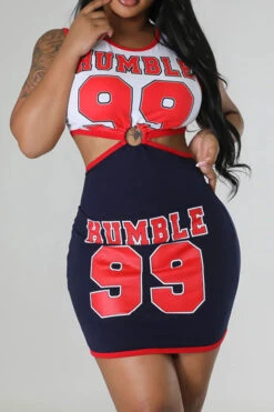 Letter Print Patchwork Casual Cutout Waist Mini Dress