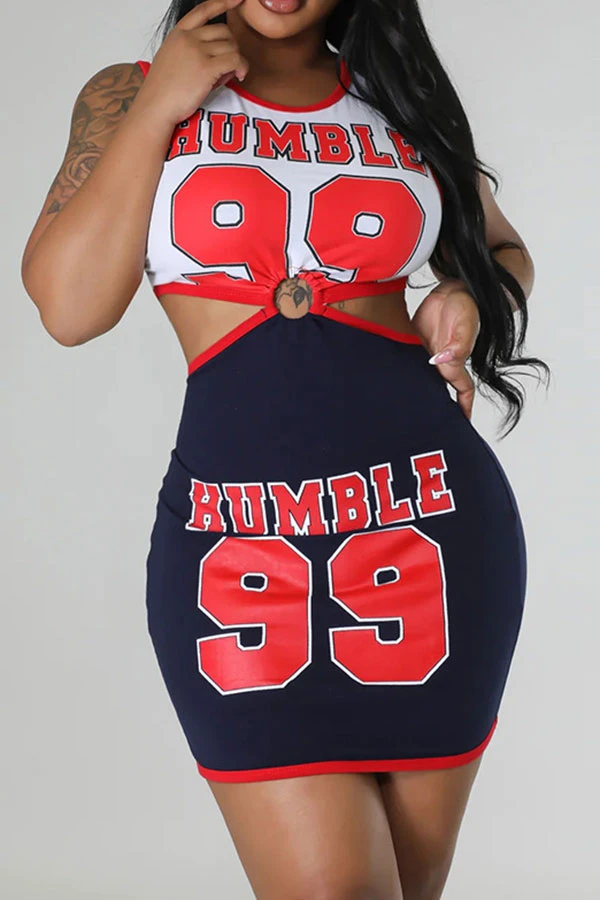 Letter Print Patchwork Casual Cutout Waist Mini Dress 1 Letter Print Patchwork Casual Cutout Waist Mini Dress