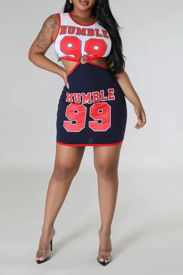 Letter Print Patchwork Casual Cutout Waist Mini Dress 2 Letter Print Patchwork Casual Cutout Waist Mini Dress - Image 2