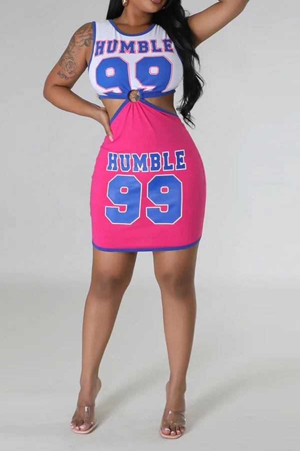 Letter Print Patchwork Casual Cutout Waist Mini Dress 6 Letter Print Patchwork Casual Cutout Waist Mini Dress - Image 6