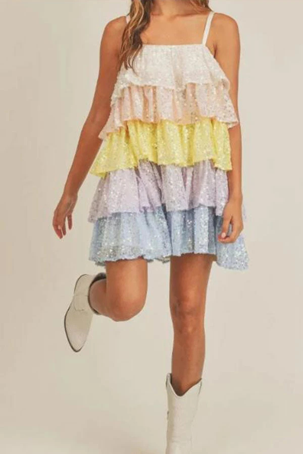 Color Block Sequined Sweet Tiered Ruffle Mini Dress 3 Color Block Sequined Sweet Tiered Ruffle Mini Dress - Image 3