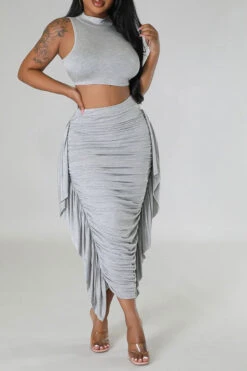 Solid Color Feminine Side Ruffle Dress Suit