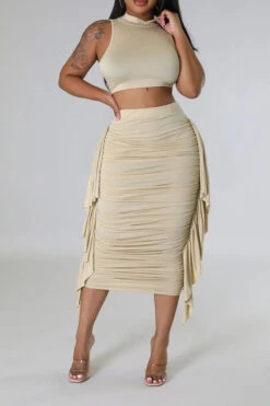 Solid Color Feminine Side Ruffle Dress Suit -Clothing Outlet Store C23041959 KH 2