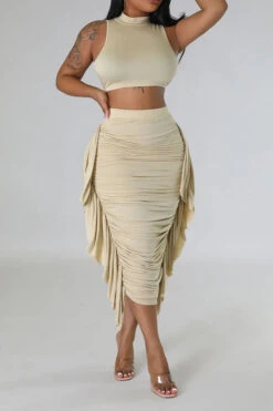 Solid Color Feminine Side Ruffle Dress Suit -Clothing Outlet Store C23041959 KH 3