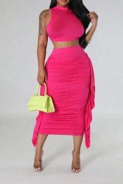 Solid Color Feminine Side Ruffle Dress Suit -Clothing Outlet Store C23041959 RR 1