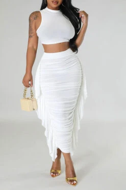 Solid Color Feminine Side Ruffle Dress Suit -Clothing Outlet Store C23041959 WH 2