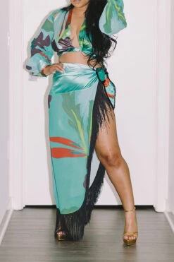 Leaf Print Tropical High Split Tassel Trim Dress Suit
