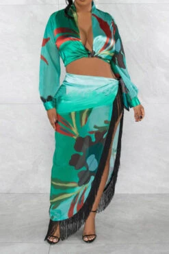 Leaf Print Tropical High Split Tassel Trim Dress Suit -Clothing Outlet Store C23041961 GR 3