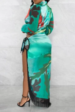 Leaf Print Tropical High Split Tassel Trim Dress Suit -Clothing Outlet Store C23041961 GR 5